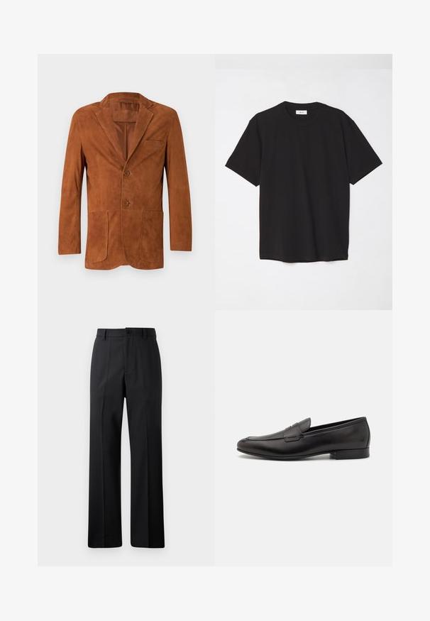 Brązowy zamszowy żakiet z klapami, dwoma przednimi kieszeniami i dwoma guzikami, o gładkiej fakturze i dopasowanym kroju.; Czarna bawełniana koszulka z okrągłym dekoltem, krótkimi rękawami i luźnym krojem. Prosty fason, gładka tekstura, brak widocznych wzorów lub logo.; Czarne spodnie proste z paskiem, z guzikiem z przodu i zapięciem na zamek, wyeksponowane na jednolitym białym tle.; Czarne skórzane loafersy o eleganckim designie, z zaokrąglonym noskiem i niskim, warstwowym obcasem. Posiadają dekoracyjny detal w postaci szwu na cholewce.