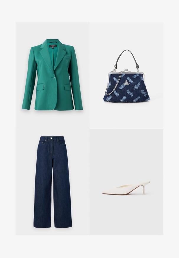 Blazer teal con revers a punta, chiusura a bottone singolo, due tasche frontali e texture liscia. Vestibilità sartoriale con un design moderno.; Camicia bianca a maniche lunghe realizzata in tessuto leggero. Presenta un colletto classico, due tasche sul petto e un orlo posteriore leggermente più lungo.; Jeans a vita alta, di colore blu scuro, con gambe ampie, chiusura a bottoni, tasche frontali e passanti per cintura su sfondo bianco.; Mule bianco a punta con tacco stiletto basso. Realizzato in materiale liscio con un design minimalista e dettagli delicati sulla suola colorato beige.; Borsa in denim con chiusura in argento, tracolla a catena e texture floreale blu. Presenta un manico nero e intricati motivi ricamati.