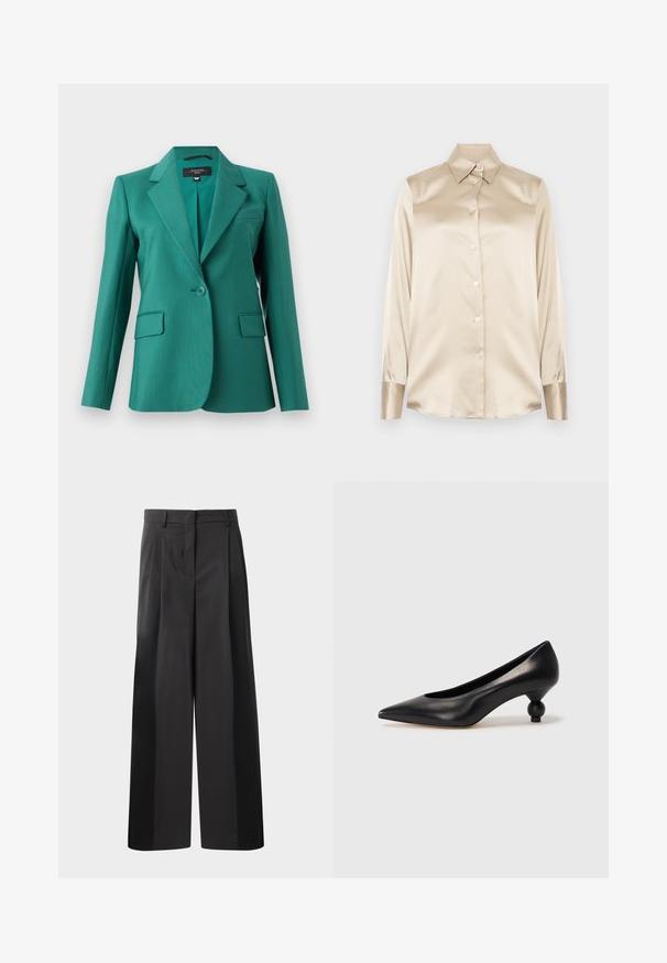 Blazer teal con solapa muescada, cierre de un botón, dos bolsillos frontales y textura suave. Ajuste entallado con un diseño moderno.; Camisa de satén beige con cuello puntiagudo, mangas de largo completo, cierre de botones y puños con un acabado ligeramente más brillante. Sin patrones ni acentos.; Pantalones de pierna ancha negros con cintura alta, que presentan pliegues en la parte delantera, una textura suave y un acabado a medida. Diseñados para un ajuste relajado.; Zapato de tacón alto de cuero negro con puntera afilada y un tacón redondeado y abombado. Textura suave con un diseño elegante y minimalista.