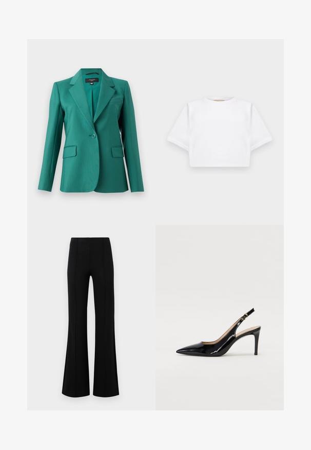 Színes blézer szögletes hajtókával, egy gombos záródással, két elülső zsebbel és sima textúrával. Testhez álló szabás modern dizájnnal.; Rövid ujjú, puha anyagból készült, vágott fehér póló, kör alakú nyakkivágással és bordázott alsó résszel. Egyszerű és díszítetlen kialakítás.; Fekete, flared nadrág magas derékkal, rugalmas anyagból készült. Elölnézetén függőleges varrásokkal rendelkezik, sima textúrával.; Fekete lakk bőr kötött magassarkú cipő, hegyes orral és karcsú sarokkal, finom kivágásos dizájnnal. Az övön arany csatt található.