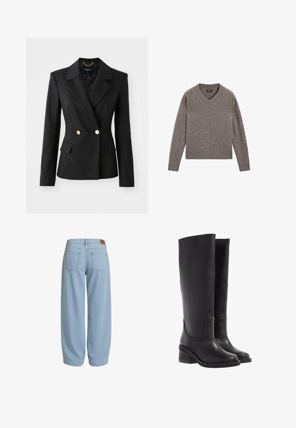 Zwarte blazer met een getailleerd ontwerp, dubbele knoopsluiting, gouden knopen en geknipte revers. Textuurstof met twee voorkruimelzakken.; Grijze gebreide V-hals trui met lange mouwen en geribbelde manchetten en zoom, vlak op een witte achtergrond weergegeven.; Grijze katoenen t-shirt met korte mouwen en een ronde halslijn. Gladde textuur, klassieke pasvorm en geen zichtbare patronen of versieringen.; Lichtblauwe denim broeken met een relaxed fit, voorzien van twee achterzakken, een tailleband met een bruine leren label en toelopende enkels.; Zwarte leren kniehoge laarzen met een soepele textuur, ronde neus en een chunkyer heel. Heeft subtiele stiksels en een gestroomlijnd ontwerp.