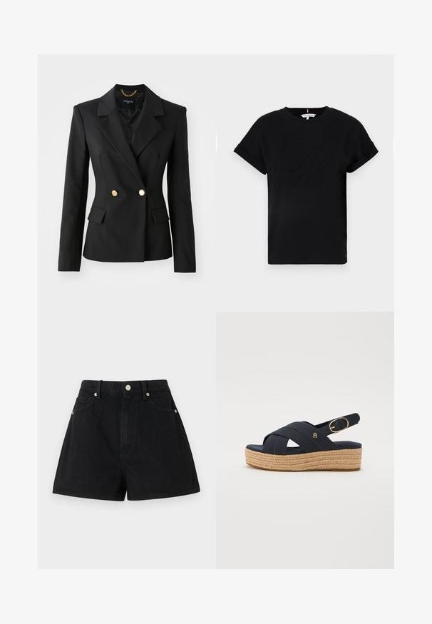 Black blazer with a fitted design, double-breasted front, gold buttons, and notched lapels. Textured fabric with two front pockets.; Black cotton t-shirt with rolled short sleeves, featuring an embossed logo in the center and a small flag accent on the side.; Black denim shorts with a high waist, five pockets, silver hardware, and a standard fit, featuring a smooth texture and clean finishing.; Navy canvas espadrille sandals with crisscross straps, woven jute platform, and metallic buckle detail. Flat rubber sole.