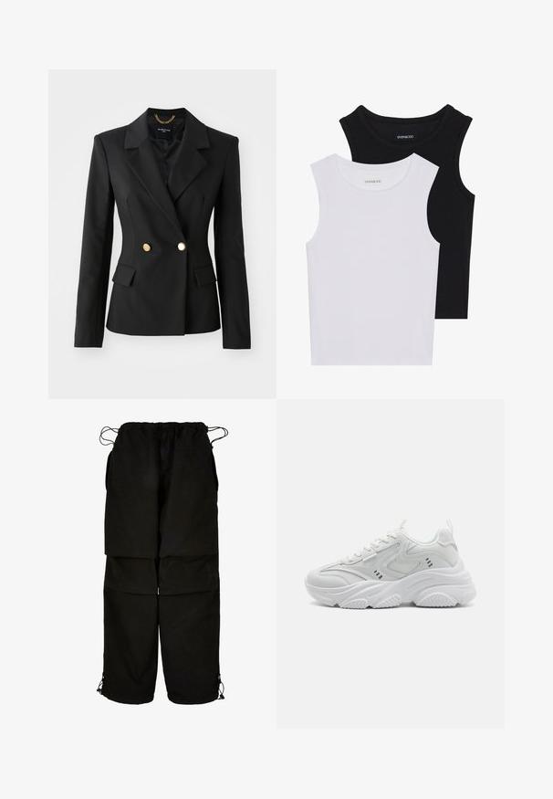 Sacou negru cu un design ajustat, cu nasturi dubli în față, butoni aurii și rever cu deschidere. Material texturat cu două buzunare în față.; Două topuri fără mâneci, în alb și negru, fabricate din bumbac ribbed, având decolteuri rotunde și un design ajustat. Etichetele sunt vizibile pe ambele.; Pantaloni negri dintr-un material ușor, cu talie ajustabilă și margini cu șnur. Proiectați cu un croi lejer, supradimensionat și multiple buzunare.; Pantofi sport albi cu un exterior texturat, limbă căptușită și talpă groasă. Caracteristicile de design includ linii curbate și accente mici pe laterale.