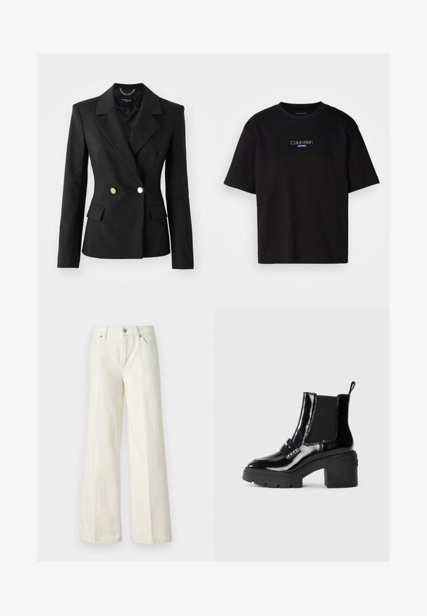Mustmustriid, sobiva lõikega, kahe nööbiga esiosaga, kuldsete nööpidega ja lõhikuga kraega. Tekstuuriga kangas ja kaks esi-taskut.; Mustmust särk ümmarguse kaelusega, lühikeste varrukatega ja sinise tikandiga "Calvin Klein JEANS" logo ees.; Laiad valged teksad, mis on valmistatud puuvilla segust. Omavad lukuga eesmist sulgemist, viie taskuga disaini ning õmblusi pükste saemetes.; Must musta ankle boot, mille dekoratiivsete rihmade ja kontrastsete õmblustega, chunky kontsaga ja elastsete külgpaneelidega. Sile tekstuur läikiva viimistlusega.
