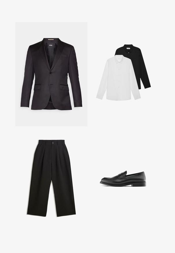 Černá saka střižená na míru s jedním knoflíkovým zapínáním, s klopami a dvěma předními kapsami, s hladkým povrchem. Podšívkový interiér s označením značky.; Bílé a černé dlouhé rukávy s špičatými límečky, předními knoflíky a hladkou texturou látky. Etikety viditelné na vnitřní straně límce.; Černé kalhoty s uvolněným střihem, s průhyby v přední části, bočními kapsami a zapínáním na knoflík. Vyrobené z texturované látky.; Černé kožené penny loafers s nízkým podpatkem, zaoblenou špičkou a prošíváním podél svršku, zobrazené v bočním profilu na bílém pozadí.