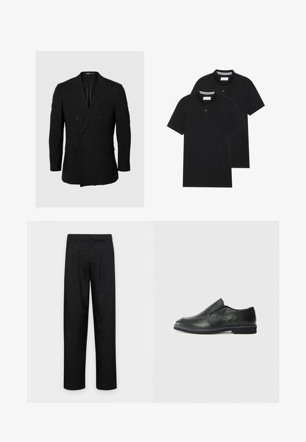 Svart dubbelknäppt kavaj i strukturerad tyg, med spetsiga slag, två framfickor och sex svarta knappar.; Två svarta polo t-shirts, kortärmade, i bomullsmaterial, med en klassisk krage, tvåknappsslutning och vita randiga accenter inuti kragen.; Svarta byxor i slät väv, med rak ben-design, två framfickor och standardmidja med bälteshällor.; Svart lädersko i slip-on-modell med en slät ovandel, sömnadsdetaljer, rund tå och låg gummihäl. Sulan har minimal mönstring.