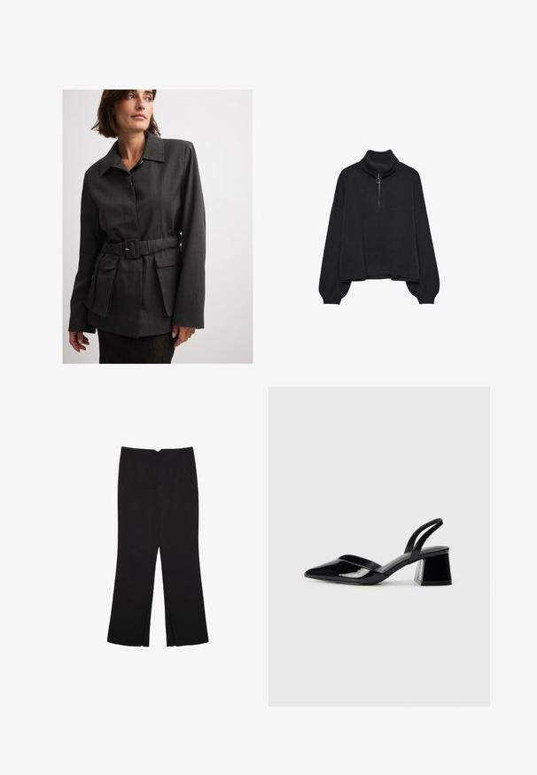Temno siva jakna z pasom in ovratnikom, z oblikovanim krojem, velikima sprednjima žepoma in rahlo teksturo. Material deluje gladko in trpežno.; Črn pulover s polo zadrgo, prevelikimi rokavi in nežno teksturo. Ima rebrovan ovratnik in rob. Minimalističen dizajn.; Črne hlače ravnega kroja z naglavnimi žepi in stranskimi razporki na robu. Narejene iz mehke, gladke tkanine. Primerne za različne priložnosti.; Črne lakirane slingback pete s koničastim nosom in geometrijsko blokasto peto. Imajo eleganten, minimalističen dizajn in gladko teksturo.