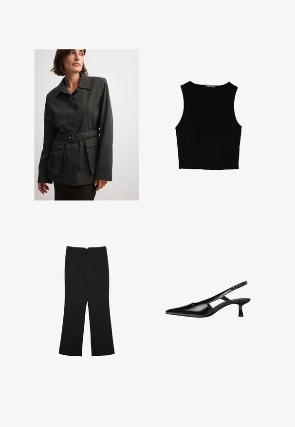 Donkergrijze jas met riem en kraag, met een gestructureerde pasvorm, grote voorzakken en subtiele textuur. Het materiaal lijkt glad en duurzaam.; Zwarte mouwloze crop top van soepel materiaal, met een ronde hals en een schone, eenvoudige uitstraling zonder patronen of hardware.; Zwarte broek met een rechte pasvorm, voorzien van zijzakken en plooien aan de onderzijde. Gemaakt van zachte, gladde stof. Geschikt voor verschillende gelegenheden.; Zwarte gepatineerde leren slingback hakken met een puntige neus, uitsparing aan de zijkant en een kleine vierkante hak. Gladde textuur met minimale accenten.