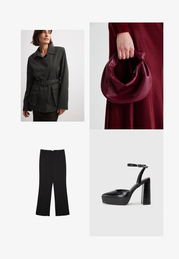Mørkeblå belted jakke med krave, der har en struktureret pasform, store forlommer og en subtil tekstur. Materialet virker glat og holdbart.; Sort tank top lavet af bomuld, med rund halsudskæring og brede armhuller. Glat tekstur med syede kanter. Klassisk, minimalistisk design.; Sorte bukser med lige pasform, der har frontlommer og slidser i kanten. Lavet af blødt, glat stof. Velegnet til forskellige anledninger.; Sorte platformhæle med spidse tæer og justerbar ankelrem. Construeret i glat læder, med en kraftig blokhæl.; Bordeaux læderhåndtaske med et blødt, samlet design og en rund form. Håndtaget er sikret og viser en glat tekstur.