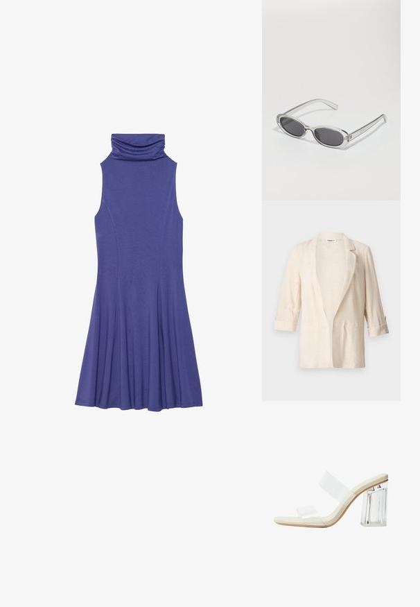 Hellbeige Leinenblazer mit lockerer Passform, Reverskragen, 3/4-Ärmeln und zwei Vordertaschen, der eine strukturierte Oberfläche aufweist.; Ärmelloses, lila Kleid mit Kragen, tailliertem Oberteil und ausgestelltem Rock. Hergestellt aus einem weichen, strukturierten Stoff mit einer glatten Oberfläche.; Klare Absätze Sandalen mit transparenten Riemen, einem beigen Fußbett und einem klobigen klaren Blockabsatz. Elegantes und glattes Design mit einem minimalistischen Ästhetik.; Sonnenbrille mit ovaler Form, klarem Kunststoffrahmen, dunkelgrauen Gläsern und dünnen transparenten Bügeln mit Logo-Akzenten und minimalen Details.