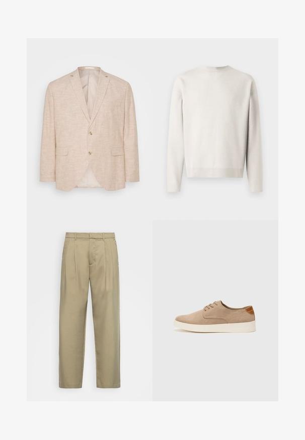 Blazer de linho bege claro com fecho de dois botões, lapelas com recorte e bolsos laterais; possui um forro interior suave.; Suéter cinza claro em malha, com mangas longas, decote redondo e punhos canelados. Textura suave, corte descontraído e sem padrões visíveis.; Calças bejas de cintura alta com corte reto, apresentando uma frente lisa, bolsos laterais e um tecido suave e texturizado.; Sapatilhas de camurça bege com bico arredondado, fecho de atacadores na parte da frente e um detalhe texturizado na parte de trás. A sola de borracha branca proporciona contraste. Design simples e moderno.