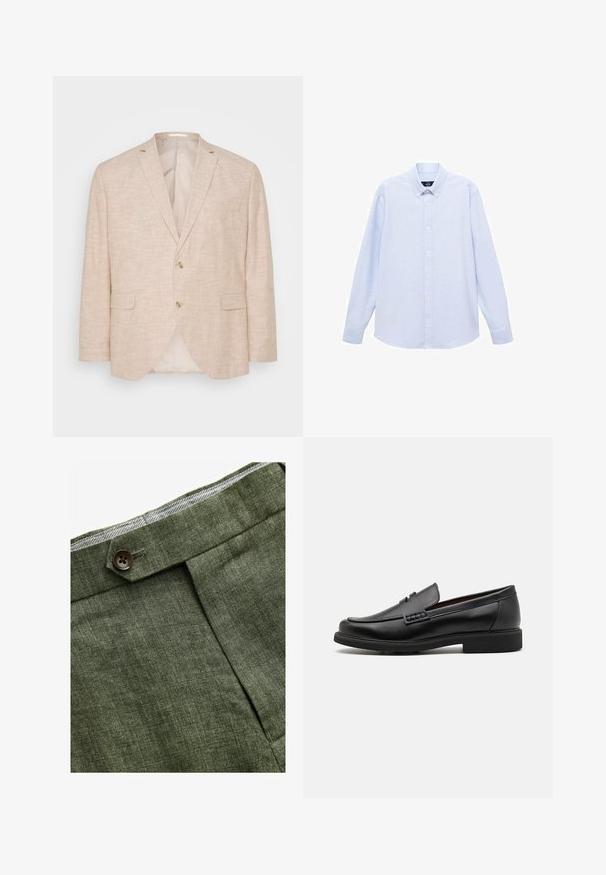 Ljus beige linneblazer med tvåknapsstängning, slagkragar och sidofickor; har en mjuk inre foder.; Ljusblå långärmad skjorta med knappar och klassisk krage, rak fåll och subtil textur. Har en central knäppning.; Olivgröna linbyxor med en frontveck, med en knappstängning och en kontrasterande rutigt foder i midjebandet.; Svart syntetiska loafers med en framträdande söm på framsidan, vadderad sula och platt gummiyttersula; elegant design med minimalt detaljerad.