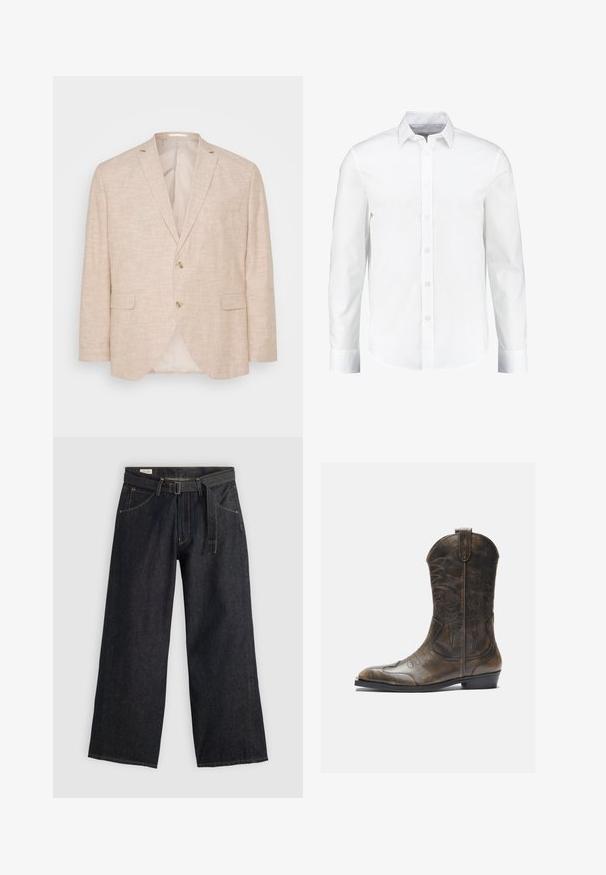 Hellbeige Leinenblazer mit einer Zwei-Knopf-Verschluss, Spitzrevers und seitlichen Taschen; verfügt über ein glattes Innenfutter.; Weißes langärmliges Hemd mit Knöpfen aus glattem Baumwollstoff. Verfügt über einen klassischen Kragen und eine durchgehende Knopfleiste mit geradem Saum.; Dunkelblaue Denim-Hosen mit weitem Bein und einem taillierten Gürtel, ausgestattet mit Vordertaschen und kontrastierender Naht. Glatte Textur mit einem schlichten Design.; Braune Leder-Cowboystiefel mit hohem Schaft, spitzem Zehenbereich, aufwendigen Stickmustern und kleinem Absatz. Strukturierte Oberflächenbeschaffenheit.