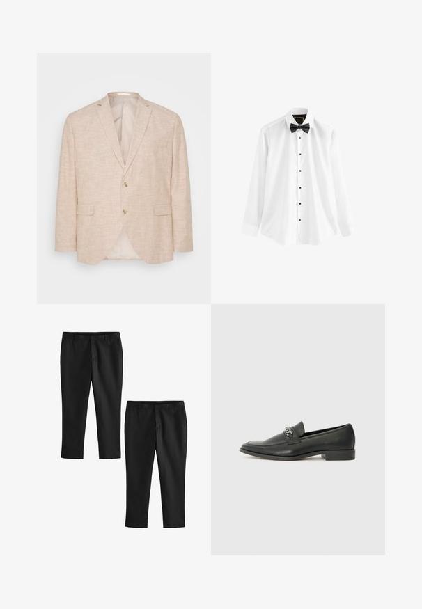 Gai bežs lins žakets ar divu pogu aizdari, atlokāmiem uzvalka krakla galiem un sānu kabatām; iekšpusē ar gludu odere.; Balta kokvilnas krekla blūze ar garām piedurknēm, melnu tauriņu un melniem pogām priekšpusē.; Melnas pielāgotas bikses ar gludu tekstūru, ar taisnu kāju dizainu un vidēju augstu jostasvietu. Parādītas divas pāru, viena no tām īsāka.; Melna ādas loafer izmēra apavi ar gludu virsmu, piedāvā ar šūtu dizainu un dekoratīvu metāla ķēdes akcentu pār vampu. Plakana papēža daļa.