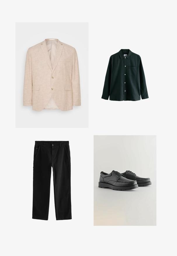 Lys beige linned blazer med en tossetningslukning, klapkraver og sidelommer; har en glat indre fuldforing.; Mørkegrøn skjorte med knaplukning, krave, lange ærmer og en enkelt brystlomme; har hvide knapper og en blød tekstur.; Sorte bomuldsbukser med lige ben-design, der har en frontknaplukning, skrå sidelommer og subtile sydetaljer.; Sorte lædersko med struktureret overdel, rund tå, snørebåndsdesign og tykke gummisåler med et slidbanemønster.