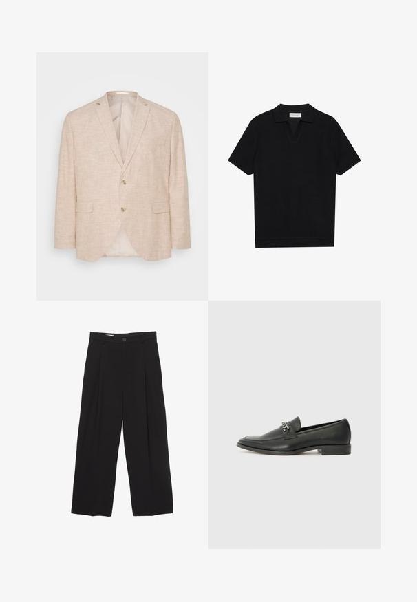 Blazer in lino beige chiaro con chiusura a due bottoni, rever a scesa e tasche laterali; presenta un interno foderato morbido.; Polo shirt nera a maniche corte in tessuto texturizzato a coste, con scollo a V e orlo dritto. Nessun logo o motivo visibile.; Pantaloni neri a gamba larga realizzati in tessuto morbido, con vita piatta, pinces frontali e chiusura con un bottone.; Mocassino in pelle nera con finitura liscia, caratterizzato da un design cucito e da un accento decorativo in catena metallica sul vamp. Tacco piatto.
