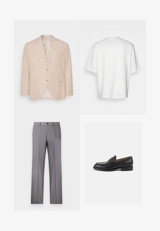 Light beige linen blazer with a two-button closure, notch lapels, and side pockets; features a smooth interior lining.; White short-sleeve t-shirt, loose fit, round neckline, smooth cotton fabric, unembellished back, straight hemline, no patterns or accents.; Gray tailored trousers with a flat front, two side pockets, and a single button closure. Smooth texture with a subtle pinstripe pattern.; Black leather loafers with a smooth finish, rounded toe, and decorative stitching on the vamp. Low stacked heel and slight shine.