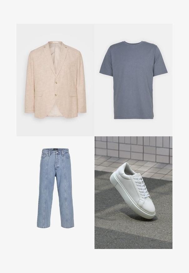 Světle béžový lněný blazer s dvouknoflíkovým zapínáním, klopovými límci a bočními kapsami; má hladkou podšívku.; Šedé tričko s krátkým rukávem a kulatým výstřihem, vyrobené z měkké bavlněné směsi. Jednoduchý design, bez vzorů nebo akcentů.; Světle modré džíny z denimu s volným střihem, širokými nohavicemi a viditelnými švy. Obsahují zapínání na knoflík a zip, pět kapes.; Bílé kožené tenisky s hladkým povrchem, kulatou špičkou a plochými bílými tkaničkami. Disponují texturovanou gumovou podrážkou a minimálními designovými prvky.