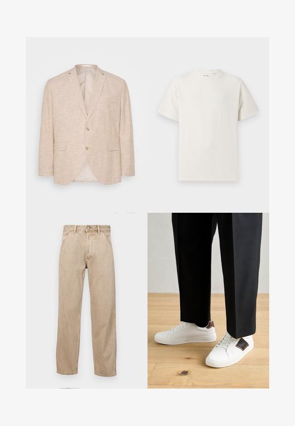 Jasno beżowy lniany blazer z zapięciem na dwa guziki, klapkami i kieszeniami bocznymi; posiada gładką podszewkę wewnętrzną.; Biała krótka koszulka z krótkim rękawem o żebrowanej fakturze. Okrągły dekolt, luźny krój, brak widocznych wzorów lub akcentów. Prosty i uniwersalny design.; Beżowe dżinsy o prostym kroju, z przednimi kieszeniami, metalowym zapięciem na guzik i delikatną teksturą.; Białe trampki o gładkiej fakturze, z brązowymi skórzanymi akcentami i czarnymi detalami, zestawione z czarnymi eleganckimi spodniami. Tło stanowi drewniana podłoga.