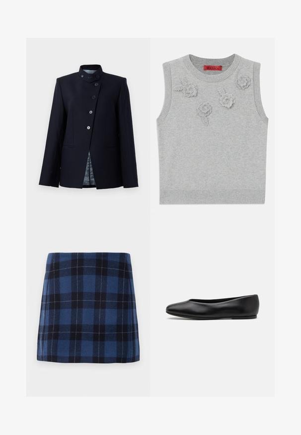 Blazer azul-marinho feito em mistura de lã, com colarinho alto, fecho de cinco botões e dois bolsos frontais. Forrado com um tecido estampado.; Sweater sem mangas de cor cinza claro, com decote e barra canelados. Apresenta três aplicações florais texturizadas na parte da frente. Etiqueta da marca: MAX&Co.; Saias mini em padrão xadrez em azul escuro e marinho, feitas de um tecido suave com um acabamento ligeiramente texturizado. Apresenta um corte reto e linhas limpas.; Paul Smith TOPANGA - Sabrinas - black