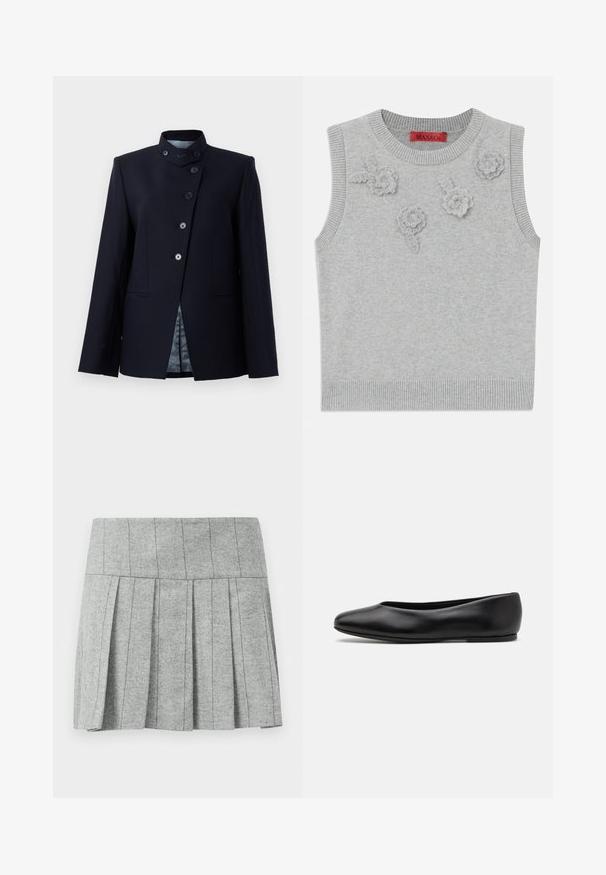 Blazer blu navy realizzato in misto lana, dotato di un colletto alto, chiusura a cinque bottoni e due tasche frontali. Foderato con un tessuto stampato.; Maglioncino senza maniche grigio chiaro con scollatura e orlo a costine. Presenta tre applicazioni floreali testurizzate sulla parte anteriore. Etichetta del marchio: MAX&Co.; Gonna grigia a pieghe realizzata in tessuto a motivo spigato; presenta una vita strutturata e un taglio dritto nella parte inferiore.; Paul Smith TOPANGA - Ballerine - black