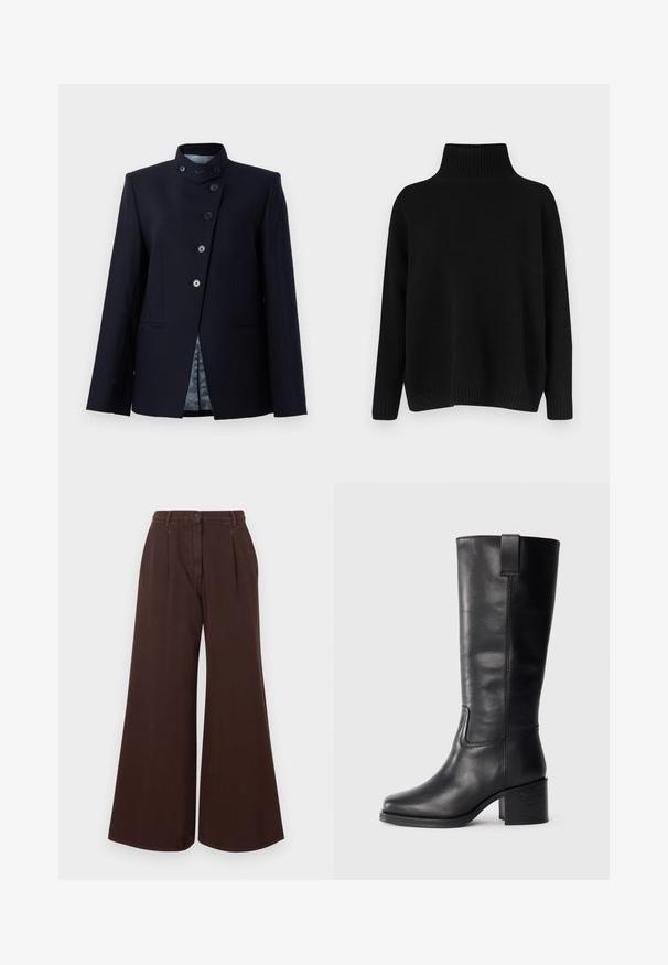 Blazer blu navy realizzato in misto lana, dotato di un colletto alto, chiusura a cinque bottoni e due tasche frontali. Foderato con un tessuto stampato.; Maglione nero lavorato a maglia con collo alto a coste, spalle scese e vestibilità morbida. Presenta polsini e orlo a coste per una texture particolare.; Pantaloni brown a vita alta e gamba larga con chiusura a bottoni e cerniera, passanti per cintura e pieghe frontali.; Stivali al ginocchio in pelle nera con una texture liscia, punta quadrata, tacco a blocco e linguetta laterale, caratterizzati da dettagli di cucitura minimi.