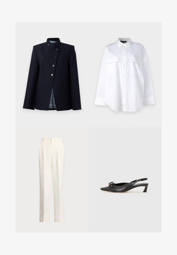 Navy blazer made of wool blend, featuring a high collar, five-button closure, and two front pockets. Lined with a patterned fabric.; White button-up shirt made of cotton, featuring a classic collar, two chest pockets, and long sleeves with cuffs. Smooth texture.; Polo Ralph Lauren HEMP WIDE LEG PANT - Trousers - nevis; Black leather slingback shoe with pointed toe, small heel, and decorative buckle detail on the upper. Smooth texture, minimalistic design.