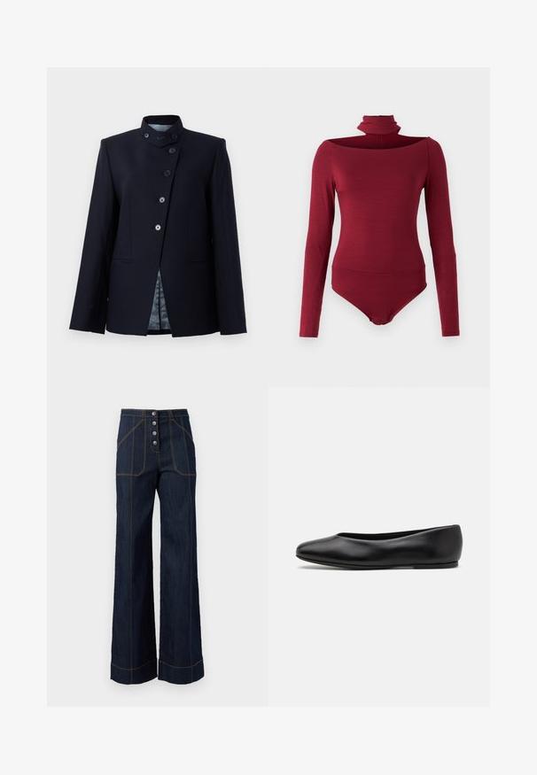 Navy-blazer gemaakt van een wolmix, met een hoge kraag, vijfknopen sluiting en twee voorzakken. Gevoerd met een gestreept stof.; Body met lange mouwen, hoge kraag en een off-shoulder ontwerp in een effen bordeauxkleur. Gemaakt van een zachte, rekbare stof.; Donkerblauwe wijdvallende broek met hoge taille, vijfknopfsluiting aan de voorkant en contrasterende gouden stiksels. Voorzien van grote zijzakken.; Paul Smith TOPANGA - Ballerina's - black