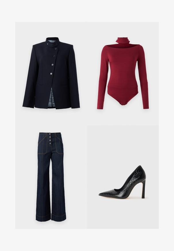 Navy-blazer gemaakt van een wolmix, met een hoge kraag, vijfknopen sluiting en twee voorzakken. Gevoerd met een gestreept stof.; Body met lange mouwen, hoge kraag en een off-shoulder ontwerp in een effen bordeauxkleur. Gemaakt van een zachte, rekbare stof.; Donkerblauwe wijdvallende broek met hoge taille, vijfknopfsluiting aan de voorkant en contrasterende gouden stiksels. Voorzien van grote zijzakken.; Zwarte puntige hoge hak schoen met een krokodillenleren textuur, met een slank ontwerp, hoge stiletto-hak, en een gladde zwarte binnenkant.