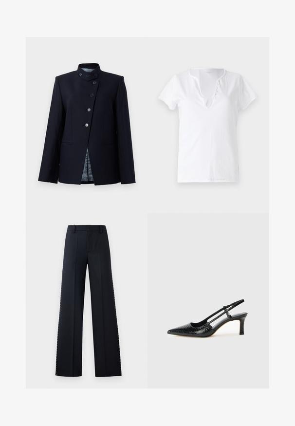 Mornarski blejzer iz volnene mešanice, z visokim ovratnikom, zapiranjem na pet gumbov in dvema sprednjima žepoma. Podložen z vzorčenim materialom.; Bela bombažna majica s kratkimi rokavi, sproščenega kroja in z V-izrezom, ki ima placket s petimi dekorativnimi gumbi.; Široke hlače v črni barvi. Pristojen kroj z gladko teksturo. Imajo vrsto kovinskih žebljev ob straneh za dodatno podrobnost.; Črne lakaste slingback pete s koničastim nosom, ki imajo teksturiran vzorec kačje kože, nastavljiv trak in kratek teksturiran blok peto.