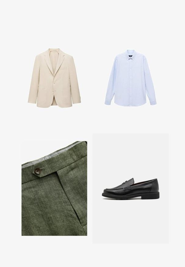 Bež laneni sako s reverima, zatvaranjem na jedan gumb, dvije prednje džepove i minimalnim detaljima za klasičan kroj.; Svijetloplava košulja dugih rukava s dugim rukavima i klasičnim ovratnikom, ravnim rubom i suptilnom teksturom. Ima središnje kopčanje na gumbe.; Maslinaste zelene lanene hlače s prednjim nabora, s zatvaranjem na dugme i kontrastnom kariranom podlogom na pojasu.; Crne sintetičke loafers cipele s izraženim šavom sprijeda, podstavljenom uloškom i ravnim gumeni potplatom; elegantan dizajn s minimalnim detaljima.