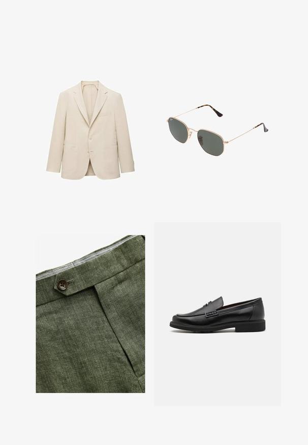 Beige Leinenblazer mit Reverskragen, einreihigem Knopfverschluss, zwei vorderen Taschen und minimalen Details für eine klassische Passform.; Weißes langärmliges Hemd mit Knopfleiste und spitzen Kragen, das eine glatte Textur aufweist und sieben Knöpfe vorne hat.; Olivengrüne Leinenhose mit einem Bundfalten, ausgestattet mit einem Knopfverschluss und einem kontrastierenden karierten Futter am Bund.; Schwarze synthetische Slipper mit einer markanten gesteppten Vorderseite, gepolstertem Fußbett und flacher Gummisohle; schlankes Design mit minimaler Detailverarbeitung.; Goldfarbene Metallrahmen-Sonnenbrillen mit dunkelgrünen Gläsern im Pilotenstil, mit schlanken Bügeln und Schildpatt-Akzenten an den Spitzen.