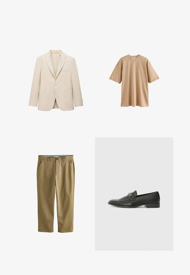 Béžový lněný blejzr s klopovým límcem, zapínáním na jeden knoflík, dvěma předními kapsami a minimálními detaily pro klasický střih.; Beige tričko s krátkým rukávem vyrobené z bavlny, kulatým výstřihem a uvolněným střihem, s hladkým povrchem a bez vzorů či akcentů.; Khaki chinos vyrobené z bavlněné směsi, se dvěma bočními kapsami, zapínáním na knoflík, rovnými nohavicemi a hladkou texturou.; Černé kožené mokasíny s hladkým povrchem, s prošívaným designem a dekoračním kovovým řetízkem přes nárt. Plochý podpatek.
