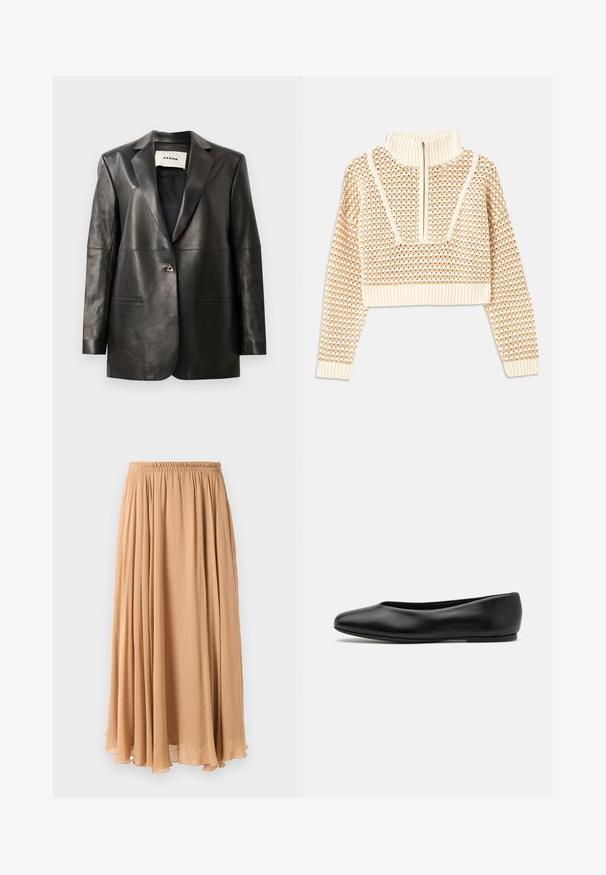 Musta nahkablazeri, jossa on muotoiltu istuvuus, lovetut kaulukset, kaksi etutaskua ja yksi metallinen napitus. Sileä pinta.; Vaalea beige lyhyt neulepusero, jossa on vetoketjukiinnitteinen korkea kaulus. Se esittelee teksturoidun kuosin ja ribbireunat hihoissa ja helmassaan. Yhdistelmä neulotusta ja kudotusta materiaalista.; Maxihame vaaleanbeigeä, valmistettu ilmavasta kankaasta. Siinä on kokoontuva joustavyötärö ja pehmeät poimut liikkumista varten.; Paul Smith TOPANGA - Ballerinat - black