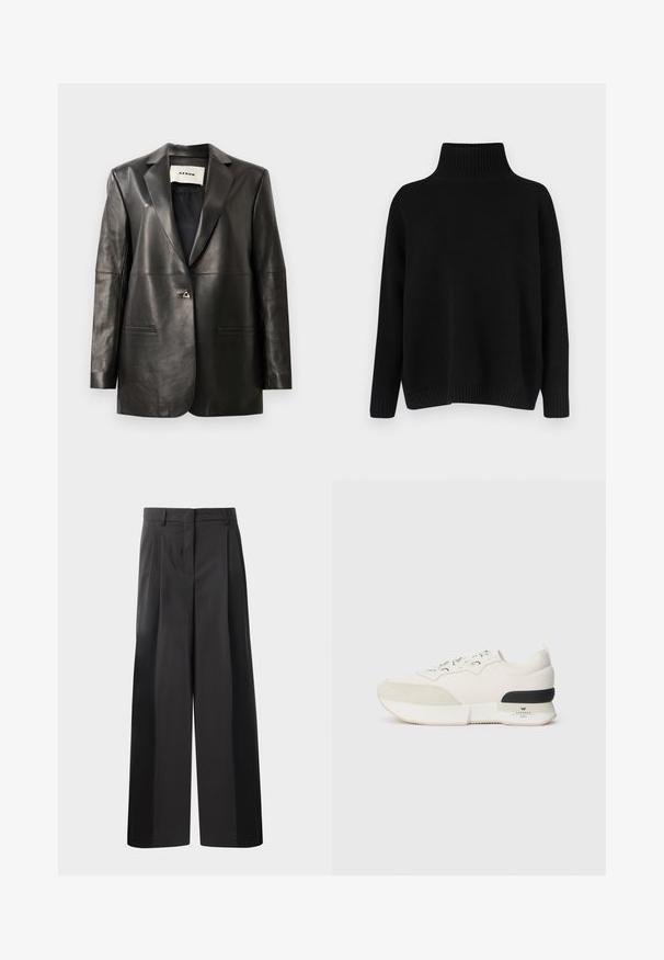 Juodas odinis bleizeris su pritaikytu siluetu, išpjautomis apykaklėmis, dviem priekiniais kišenėmis ir vienu metaliniu užsegimu. Lygi tekstūra.; Juodas megztinis megztas, su aukštu ribuotu apykakliu, nuleistais pečiais ir laisvo silueto. Turi ribotas rankogalius ir apačią, suteikiančias tekstūros.; Juodos plačios kelnės su aukštu liemeniu, su priekinėmis raukšlėmis, glotnia tekstūra ir pritaikytu apdailos stiliumi. Sukurtos laisvam sėdėjimui.; Balti sportiniai bateliai su tekstūruotu zomšiniu priekiu, sklandžiu tinkliniu viršumi, dekoratyviomis raištelėmis ir juodu guminiu kulno akcentu.