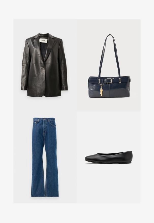Črn usnjen blazer z prilegajočim krojem, z vgrajenimi reverji, dvema sprednjima žepoma in enim kovinskim gumbom za zapiranje. Gladka tekstura.; Prugasta srajca z gumbniki z belo podlago, ki vključuje ozke večbarvne črte v modri, oranžni in zeleni barvi. Dolgi rokavi in klasičen ovratnik.; Modre flared jeans iz denima z visokim pasom, opremljene s petimi žepi, srebrnim gumbom za zapiranje in vidnimi šivi.; Paul Smith TOPANGA - Balerinke - black; Mornarska usnjena torbica z dvema dolgima ročajema, dodatkom z zaponko in pritrjeno ključavnico. Ima gladko teksturo in pravokotno obliko.