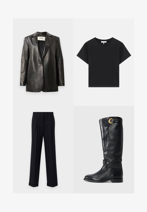 Čierny kožený blazer s priliehavým strihom, s výstrihom do "V", dvoma prednými vreckami a jedným kovovým zapínaním. Hladká textúra.; Čierny skrátený tričko vyrobené z bavlny, s okrúhlym výstrihom, krátkymi rukávmi a jednoduchým dizajnom bez vzorov alebo ozdôb.; Čierne pruhované nohavice s prispôsobeným strihom, s manžetou na leme a prednými záhybmi. Vyrobené z hladkej tkaniny so štruktúrovaným dizajnom.; Čierne kožené čižmy po kolená s okrúhlou špičkou, šnurovaním vpredu, bočným detailom a zlatým ozdobným prackou na vrchu. Hladká textura.