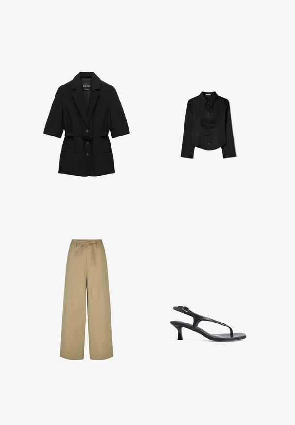 Svart blazer med kort ärm tillverkad av strukturerat tyg, med slagkrage, framknappar, två fickor och ett matchande bälte.; Svart långärmad skjorta i slätt tyg, med spetsig krage, framknappning och cropped nederkant med sidofrack.; Breda byxor i beige med hög midja, snörning och två sidofickor, tillverkade av ett mjukt och lätt material.; Svart lädersandal med en smal design, tunna remmar och en liten klack. Har en spänneaccent och en slät, texturerad fotbädd.