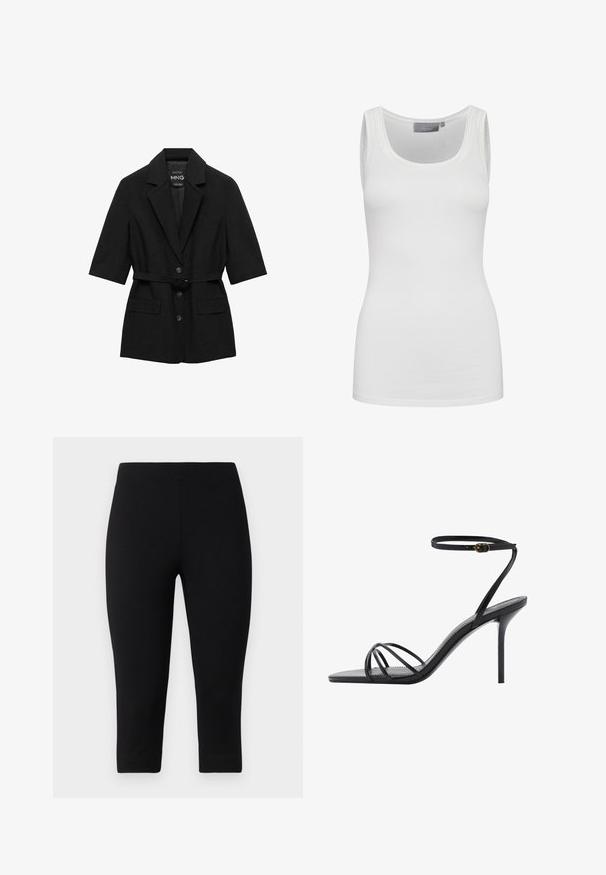 Blazer nero a maniche corte realizzato in tessuto testurizzato, con colletto a scapola, bottoni frontali, due tasche e una cintura abbinata.; Top in bianco realizzato in un morbido e elastico tessuto con scollatura tonda e spalline sottili. Presenta una superficie liscia e un design aderente.; Leggings capri neri realizzati in materiale elasticizzato, con una vestibilità aderente e una texture liscia, privi di motivi o accenti prominenti.; Sandal nero con tacco alto caratterizzato da una sottile cinghia alla caviglia, multiple cinghie incrociate sulla pianta e un design elegante con punta quadrata.