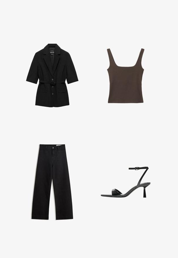 Mustaväri lyhythihainen bleiseri, joka on valmistettu teksturoidusta kankaasta. Sen ominaisuuksiin kuuluu viilto-kaulus, edessä napit, kaksi taskua ja yhteensopiva vyö.; Ruskea hihaton toppi, jossa on neliönmuotoinen kaula-aukko, valmistettu pehmeästä ja joustavasta kankaasta. Ominaisuuksiin kuuluu istuva muotoilu ja sileät saumat.; Mustat leveät farkut korkealla vyötäröllä, joissa on etu- ja takataskut, ommellut saumat ja nappisuljenta. Silkinoinen rakenne.; Bershka Korolliset sandaalit - black