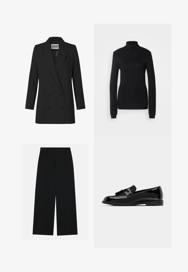 JUST FEMALE WATSON - Casaco curto - black; Suéter de gola alta preto feito de um tecido de malha suave, com mangas longas e uma silhueta ajustada, apresentando um colarinho e bainha canelados.; Calças pretas de perna larga feitas de um tecido suave. Apresentam uma cintura plana com passantes para cinto e sem bolsos visíveis. Design simples.; Mocassins pretos em couro verniz com salto baixo, apresentando um detalhe em franja e superfície lisa, desenhados com um bico arredondado e costura subtil.