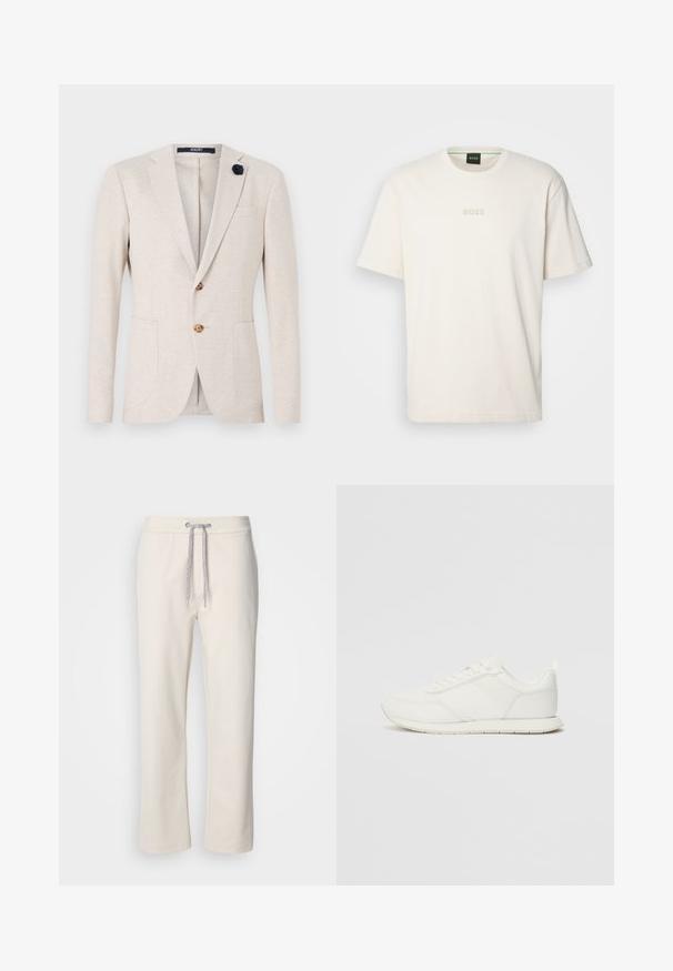 Bež blejzer klasičnog dizajna, s aparatom za rever, dvojim prednjim džepovima i mornarskom cvjetnom dekoracijom na reveru.; BOSS TEE - Osnovna majica kratkih rukava - open white; Kremaste ležerne hlače s pojasom na vezanje i ravnim nogavicama, prikazane na jednostavnoj bijeloj pozadini.; Bijela tenisica s gornjim dijelom od mrežice i sintetičkog materijala, okrugli vrh, ravne vezice i teksturirani bočni trak. Gumeni potplat s petnim trakicom.
