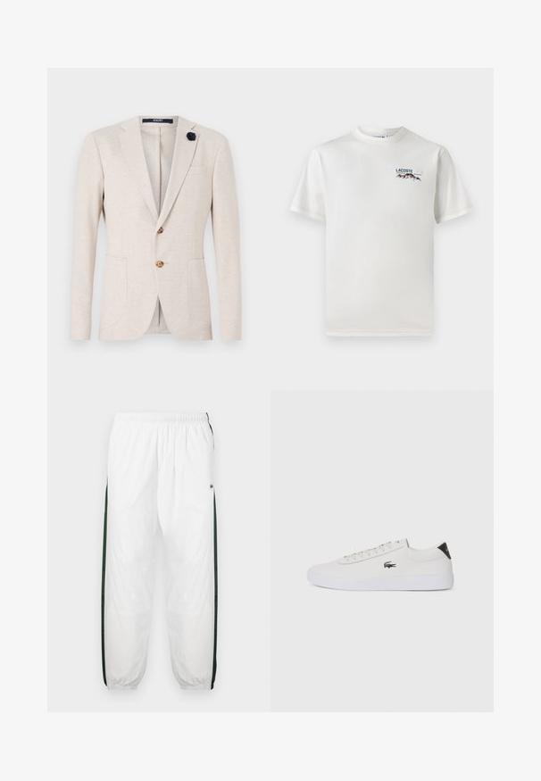 Beige sáčko s klasickým designem, klopami, dvěma předními kapsami a námořnickou květinovou ozdobou na klopě.; Bílá bavlněná tričko s kulatým výstřihem, krátkými rukávy a malým vyšitým logem zobrazujícím hory a text na levé straně hrudi.; Bílé tepláky s tmavě zelenými postranními panely. Lehký materiál, elastický pas a stahované lemy. Obsahují síťovanou texturu na postranních panelech.; Bílé kožené tenisky s kulatou špičkou, šněrováním vpředu a černým akcentem na patě. Na boku se nachází malé vyšívané logo krokodýla.
