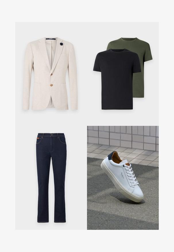 Blazer beige con design classico, rever a punta, due tasche frontali e un'applicazione in tessuto blu navale sulla giacca.; Due magliette a girocollo in nero e verde oliva, realizzate in morbido cotone. Il design è semplice, con maniche corte e un taglio dritto.; Jeans in denim blu scuro con taglio dritto, caratterizzati da cuciture arancioni, cinque tasche e chiusura a bottone in vita.; Sneaker bianca in pelle con tallone blu, punta rotonda e accenti marroni a contrasto. Presenta lacci piatti e suola in gomma testurizzata.