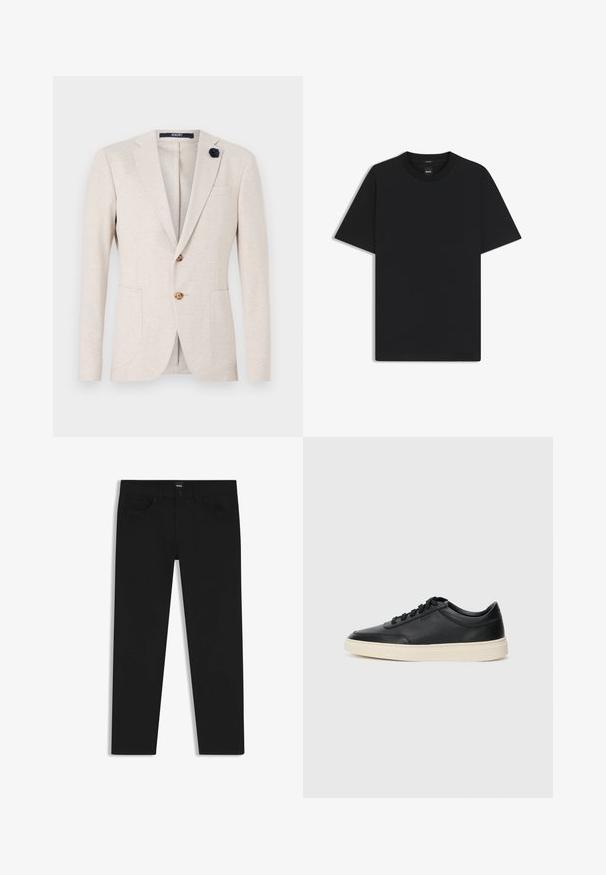 Beige blazer met een klassiek ontwerp, notch-lapels, twee voorkruiszakken en een marineblauwe stoffen bloemenaccent op de lapel.; Zwarte korte mouwen T-shirt van een gladde katoenmix, met een ronde halslijn en een minimalistisch ontwerp zonder patronen of accenten.; Zwarte denim broek met een rechte snit, voorzien van een standaard tailleband, vijf zakken en een knoopsluiting. Gladde textuur overal.; Zwarte leren sneaker met lage schacht, zwarte veters en off-white zool, weergegeven in zijprofiel op een witte achtergrond.