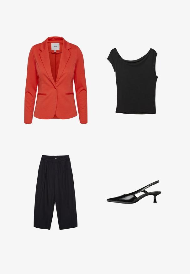 Rdeči blejzer ICHI z ovratnikom z zarezo, dvema sprednjima žepoma in z enim gumbom za zapiranje. Gladka tekstura in prilagojen kroj.; Črna kratka majica s kratkimi rokavi iz gladkega blaga; ima drapiran izrez in asimetrično spodnjo rob, s prilegnjenim telesom.; Črne poliesterske culotte hlače z elastičnim pasom, dvema sprednjima nabiranjema in ohlapnim krojem. Brez vidnih vzorcev ali kovinskih detajlov.; Črne patentični usnjeni salonarji s slingback designom, z zašiljenim nosom, izrezanim stranskim dizajnom in majhnim kvadratnim peto. Gladka tekstura z minimalnimi detajli.