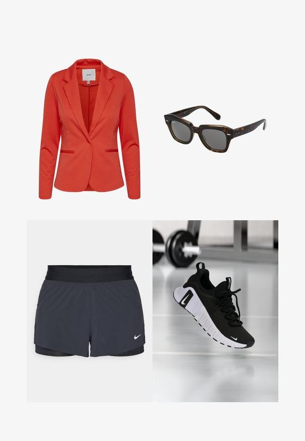 Sacou roșu de la ICHI cu rever ascuțit, două buzunare frontale și închidere cu un singur nasture. Textură netedă și croială ajustată.; Tricou sport negru din material neted, cu un design frontal legat și un mic logo Nike alb pe piept.; Shorts atletici negri, cu un elastic la talie, având un design stratificat și un mic logo alb Nike în partea stângă jos. Material ușor.; Pantof sport negru cu o parte superioară din material texturat, talpă albă și sistem de șireturi proeminent. Prezintă un logo Nike și un design moale, amortizat.; Ochelari de soare dreptunghiulari cu ramă din plastic cu model broască țestoasă, lentile închise la culoare și accente argintii pe laterale. Fabricat în Italia.