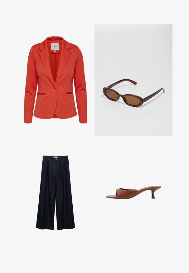 Czerwony żakiet od ICHI z klapami, dwiema przednimi kieszeniami i pojedynczym zapięciem na guzik. Gładka faktura i dopasowany krój.; Dwa dopasowane topy na ramiączkach w kolorze czarnym i białym. Wykonane z prążkowanej bawełny, mają szerokie ramiączka i zaokrąglone dekolty. Logo na kołnierzu.; Ciemnoniebieskie spodnie o szerokich nogawkach z wysokim stanem, z zamknięciem na guzik z przodu, dwoma bocznymi kieszeniami oraz detalami w szwach.; Brązowe klapki na obcasie z odsłoniętymi palcami, o gładkim, matowym wykończeniu, z zakrzywionym kształtem i przezroczystym, zwężającym się obcasem.; Okrągłe, brązowe okulary przeciwsłoneczne z błyszczącą bordową oprawą. Cienkie ramiona z subtelnym detalem marki. Płaski kształt soczewek.