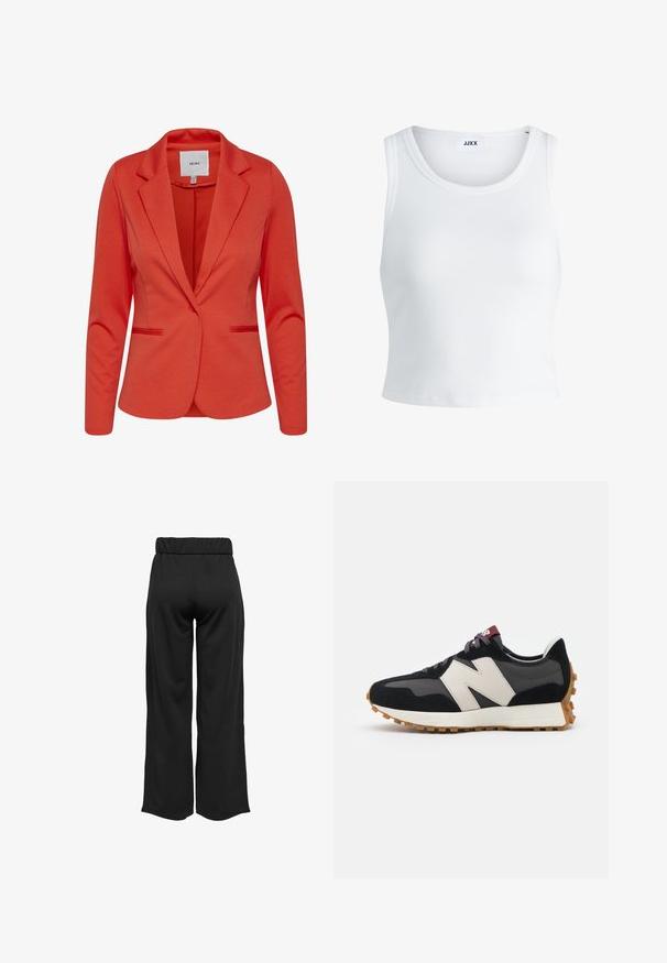 Červený blazer od ICHI s vystuženým golierom, dvoma prednými vreckami a zapínaním na jeden gombík. Hladká textúra a prispôsobený strih.; Biely rebrovaný tielko s okrúhlym výstrihom, bez rukávov a krátkou dĺžkou. Štítok znie "JJXX." Hladká textúra látky.; Čierne široké nohavice s elastickým pásom, vyrobené z hladkej tkaniny. Majú jednoduchý dizajn, bez vreciek alebo viditeľných švíkov.; Čierne a sivé semišové tenisky s veľkým krémovým logom "N", fialovými šnúrkami a textúrovanou gumovou podrážkou.