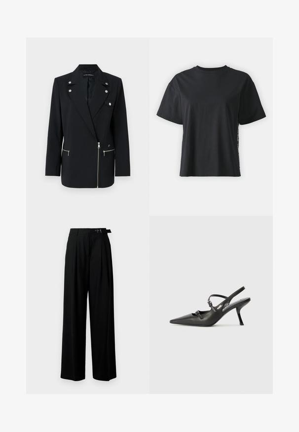 Must mustriga bleiser, millel on hõbedased detailid, notšitud krae, lukuga eesüssid ja asümmeetriline disain.; Must have lühikeste varrukatega puuvillane must T-särk, millel on lõdvestunud lõige ja kontrastne külgpanel, mis sisaldab väikest teksti ja kujunduselemente.; Mustad kõrge vöökohaga mustad laiad püksid, millel on ees voldid ja vöö, millel on pandla. Valmistatud siledast ja kergest kangast.; Must musta slingback kontsad, terava nina, peenike konts ja dekoratiivne pandla detail peal. Sile tekstuur ja stiilne disain.